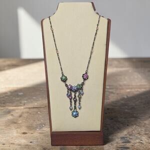 Vintage style metal necklace with colorful flowers and rhinestones